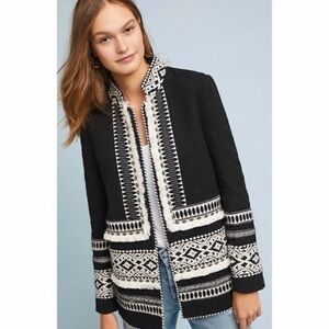 NWT Anthropologie Cartonnier Black Ivory White Embroidered Open Jacket Blazer